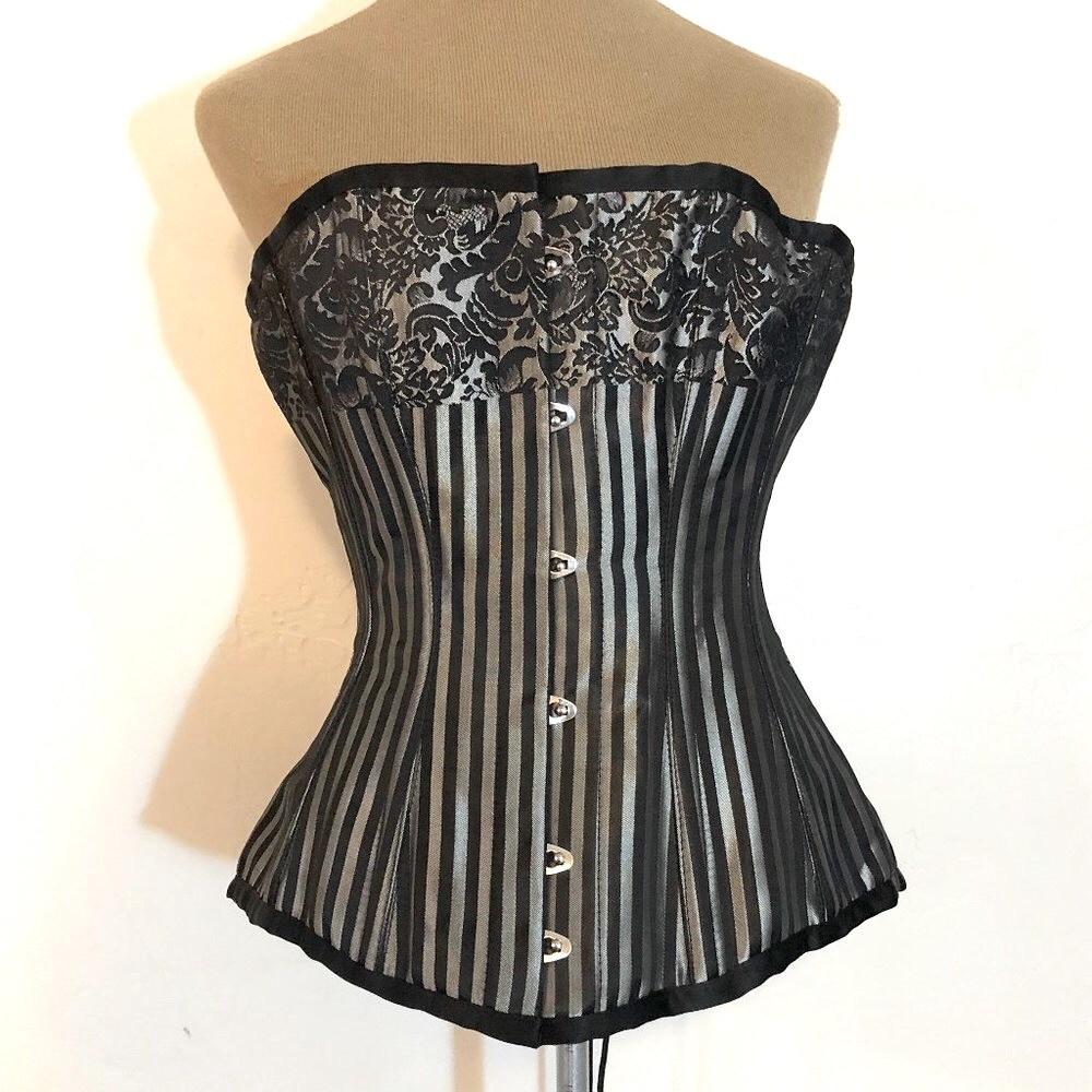 FINAL! NWT! SEXY BLACK & SILVER STRIPED METAL BONED BURLESQUE CORSET BUSTIER